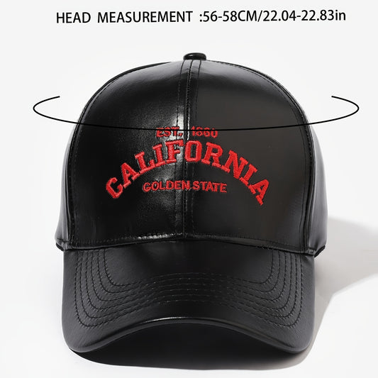 California Golden State PU Leather Baseball Cap - Unisex, Adjustable, Button Closure, Sun Protection, Holiday-Themed, Handcrafted with Embroidery and Woven Design