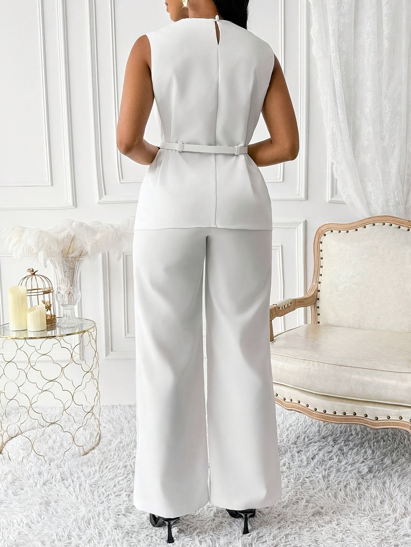 Women'S Round-Neck Sleeveless Elegant Belted Top And Elastic Waist Loose Wide-Leg Two-Piece Suit