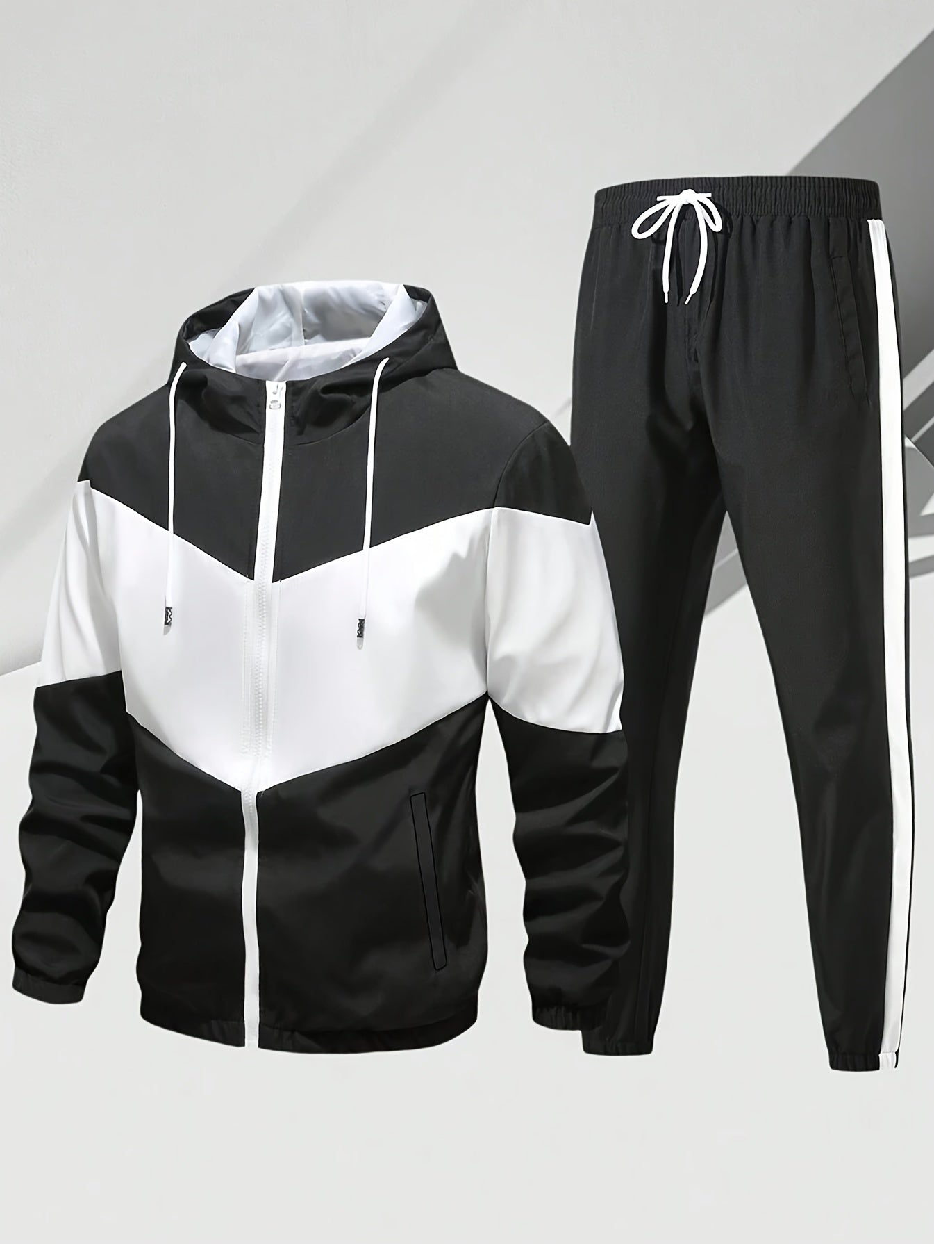 Men'S Casual 2pcs Sports Suit Unisex Couple All-Season Spring/Autumn Color Block Tracksuit with Hooded Cardigan, Zippered Jacket, Long Sleeve Coat, Joggers, Gym, Running, Outdoor Outfit, Elastic Pants, Hoodie, Top, Pants, Two