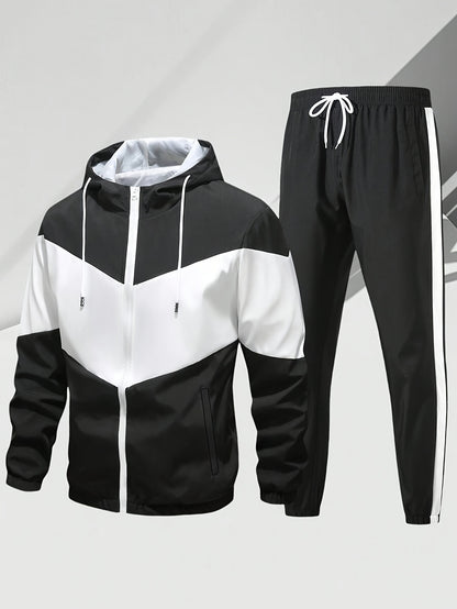 Men'S Casual 2pcs Sports Suit Unisex Couple All-Season Spring/Autumn Color Block Tracksuit with Hooded Cardigan, Zippered Jacket, Long Sleeve Coat, Joggers, Gym, Running, Outdoor Outfit, Elastic Pants, Hoodie, Top, Pants, Two