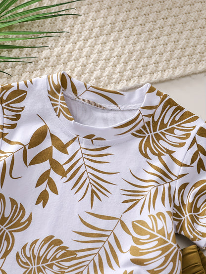 Boys' Tropical Leaf Print Cotton Blend Casual Outfit - Short Sleeve Tee & Drawstring Shorts Set, Machine Washable for Spring/Summer, Perfect for Outdoor