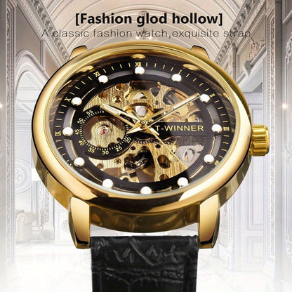 Men'S Luxury Mechanical Skeleton Watch with Golden-Tone Alloy Case & Faux Leather Strap - Mechanical Hand-Wind, World Time, Date Display, Elegant Fashion Accessory for Casual Attire, Mechanical Watch, Sophisticated Design, In