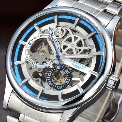 Men's Business Leisure Automatic Mechanical Watch, Stainless Steel with Blue Accents, Transparent Back, Date Display, Water-Resistant up to 10m, Ideal Gift, Business Watch | Mechanical Aesthetic | Stainless Steel Band