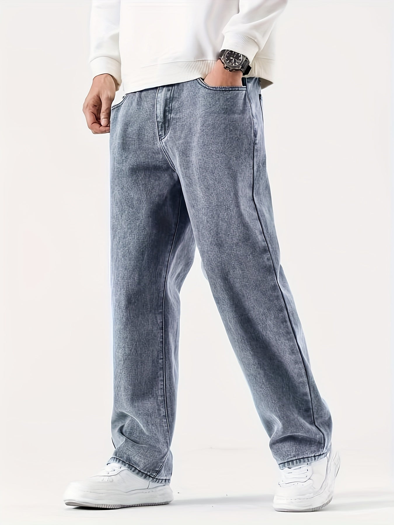 Men'S Casual Denim Jeans, 54% Cotton 32% Polyester 12% Viscose, Solid Color, Regular Fit, Straight Leg, All-Season, Woven Fabric, 290g/m², with Pockets - Adult