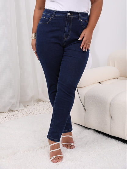 Plus Size Casual Jeans, Women's Plus Solid Button Fly High Rise High Stretch Jeans