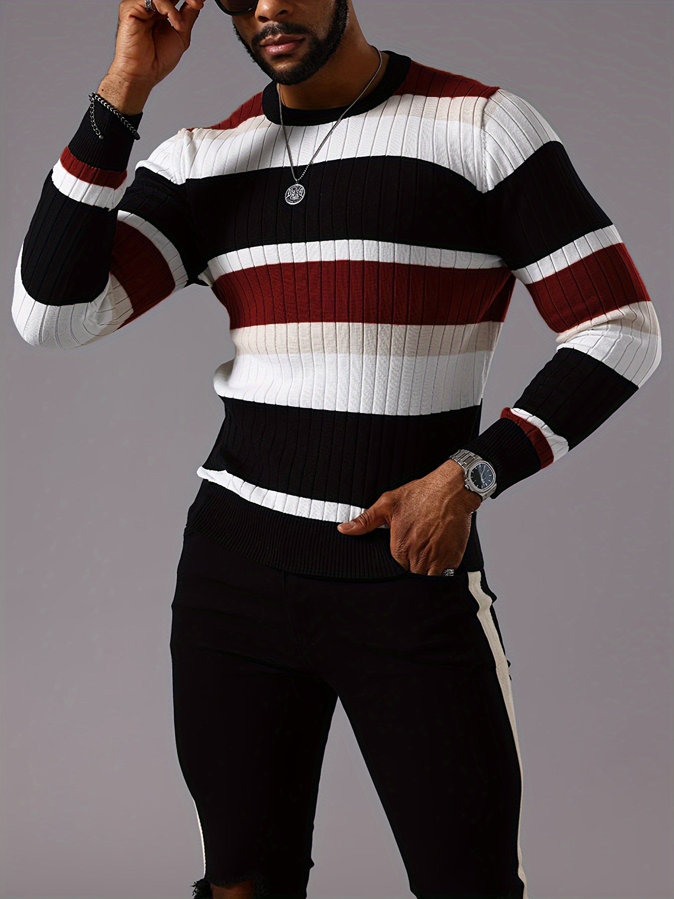 Men's Striped Color-Block Ribbed Knit Sweater - Long Sleeve Round Neck Pullover with Elastic Comfort Fit, Machine Washable Casual Fall Winter Top in Black/White/Green/Beige, Knit Sweater, Medium Elasticity