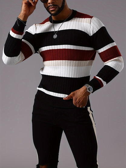 Men's Striped Color-Block Ribbed Knit Sweater - Long Sleeve Round Neck Pullover with Elastic Comfort Fit, Machine Washable Casual Fall Winter Top in Black/White/Green/Beige, Knit Sweater, Medium Elasticity