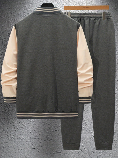 Men'S Casual Baseball Collar Jacket and Pants Set, Color Block Long Sleeve Sweatshirt and Sweatpants, Polyester Woven Suit with Button Detail, Spring/Fall Collection