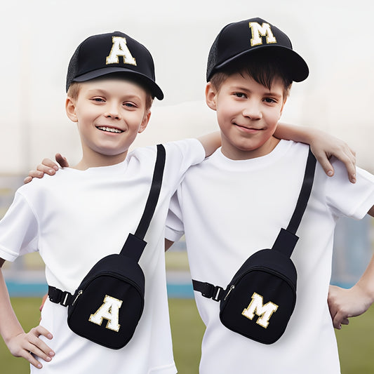 2pcs Kids' Printed Alphabet Pattern Set, Includes 1 Black Stylish Breathable Trucker Hat and 1 Black Crossbody Bag, Lightweight Sun Hat with Small Coin Purse, Suitable for Boys and Girls Aged 5-10 for Daily Outings and Back-t