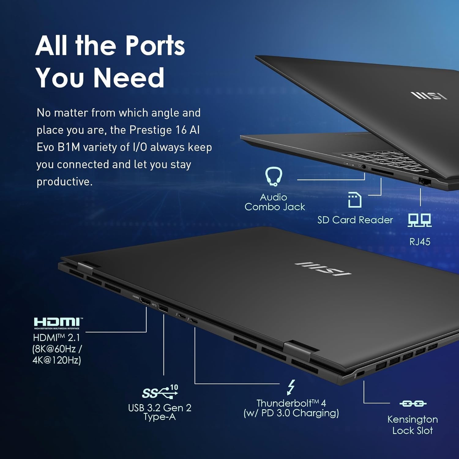 MSI Prestige 16 AI EVO Laptop, Ultra Thin Business Laptop, Intel Ultra 7-155 H, 16" QHD+, 32 GB LPDDR5 RAM, 2 TB SSD, Wi-Fi 7, AI Engine, Windows 11 Pro & MS Office Lifetime License