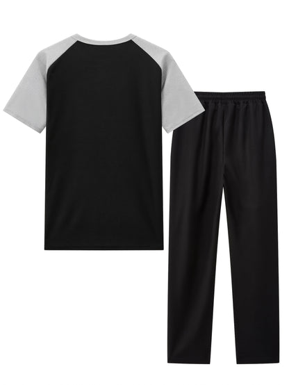 Men's Casual Mixed Color Spliced Set: Shirt and Drawstring Pants, Clean and Comfortable