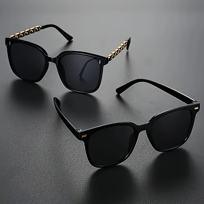 2pcs Men's Casual Fashion Glasses - Black with Golden Chain Accents, Oversized Retro Style, Lightweight & Durable for Everyday Fashion, Versatile for Casual & Formal Outfits, Stylish Glasses, Oversized Eyewear, Metallic Accen