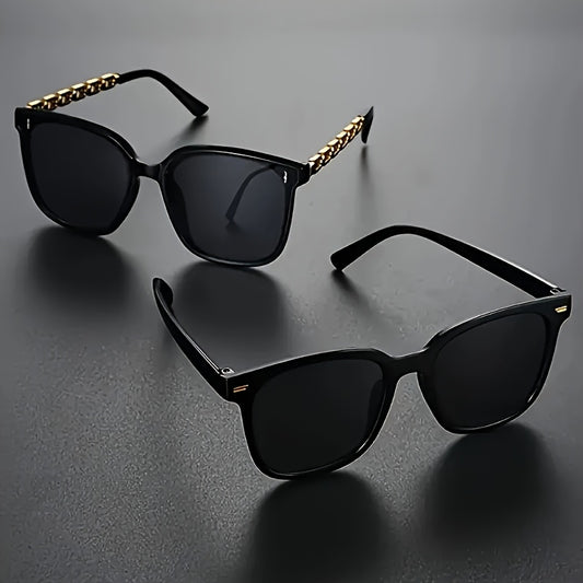 2pcs Men's Casual Fashion Glasses - Black with Golden Chain Accents, Oversized Retro Style, Lightweight & Durable for Everyday Fashion, Versatile for Casual & Formal Outfits, Stylish Glasses, Oversized Eyewear, Metallic Accen