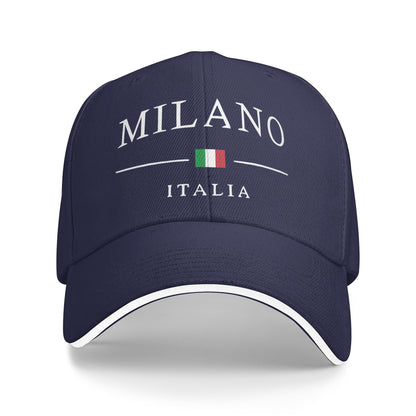 Adjustable Milan, Italy Print Baseball Cap - Breathable Polyester Dad Hat with Italian Flag Design, Black & White, Perfect for Outdoor Activities, Casual Wear, and Gifts