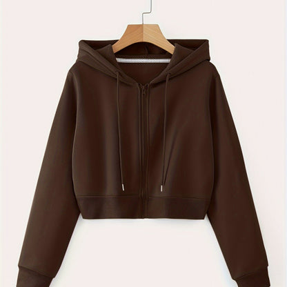 Zip Up Cropped Drawstring Hoodie, Casual Long Sleeve Sweatshirt For Spring & Fall, Women's Clothing