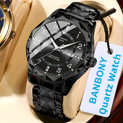 1 New BANBONY Brand Unisex Stainless Steel Quartz Watch with HD Scratch-Resistant Rhinestone-Embellished Simple Digital Round Dial, Luminous Display Date Calendar Battery-Powered Multifunctional Fully Automatic Wristwatch for