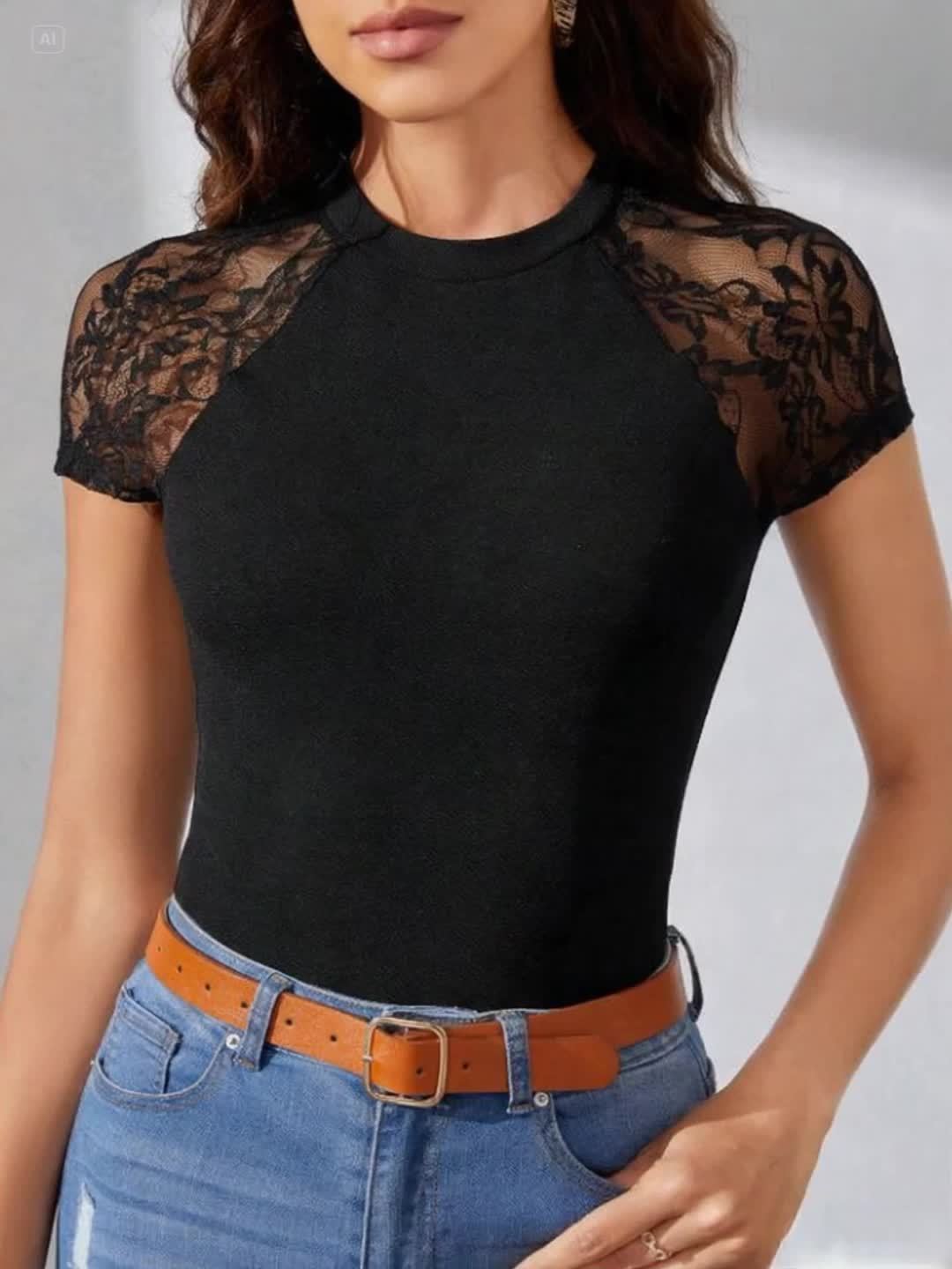 Women's High Waist Slim Fit T-Shirt - Black with Lace Contrast Raglan Sleeves, Stretch Polyester Blend, Breathable & Machine Washable, Elegant Casual Daily Wear Top, Versatile Clothing, Stylish Blouse, Soft Texture, Fitted Bl