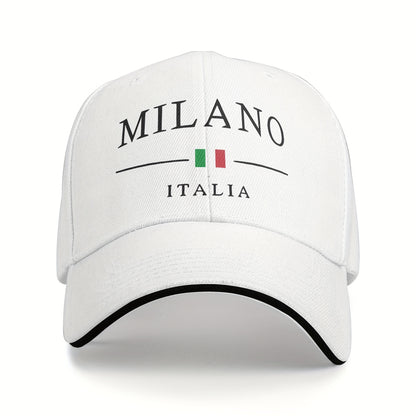 Adjustable Milan, Italy Print Baseball Cap - Breathable Polyester Dad Hat with Italian Flag Design, Black & White, Perfect for Outdoor Activities, Casual Wear, and Gifts