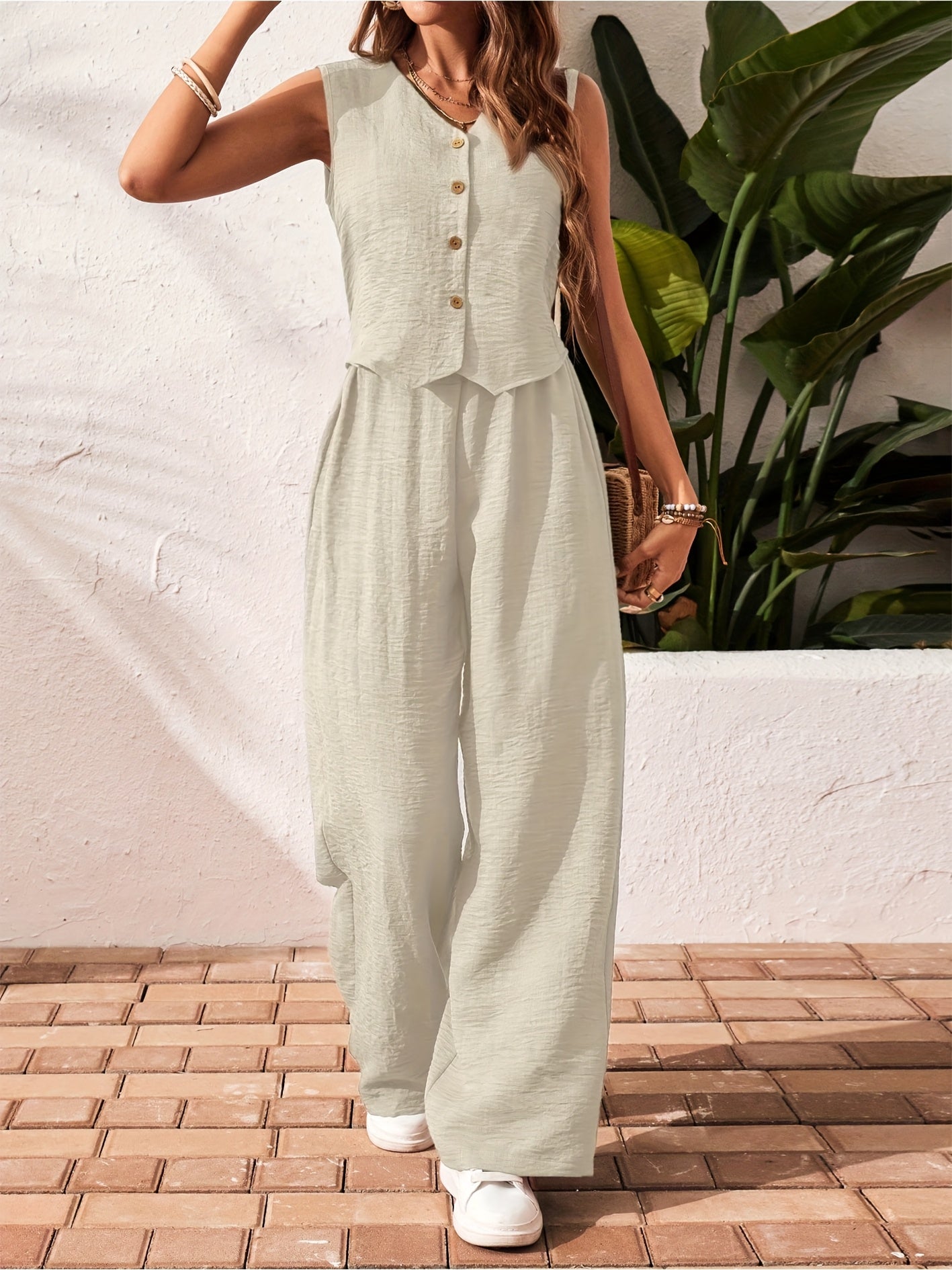 Women'S Elegant Solid Color Sleeveless V-Neck Two-Piece Set - Casual Summer Jumpsuit with Button Placket, Wide Leg Pants, and Beige Wedge Sandals, Casual Attire|Vneck Jumpsuit|Elegant Jumpsuit