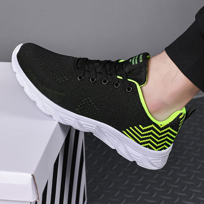 Men's Knitted Breathable Running Shoes, Lightweight Non-Slip Soft Sole, Comfortable for Outdoor Walking, Jogging, Fitness, Daily Activities, EVA Sole, Fabric Upper, Low-Top, Lace-Up Closure, Striped Pattern, All-Season Fashio