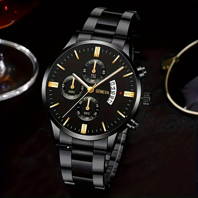 2pcs Men'S Quartz Watch Set with Concept Decorative Dial, Fashionable Wristwatch & Bracelet Combo - Shock-Resistant, Analog Display, Alloy & Stainless Steel Bands - Ideal for Birthdays & Holiday Parties, Gift for Men & Studen