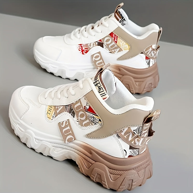 Women's Chunky Platform Sneakers - High-Top Lace-Up Shoes with Cushioned PVC Sole, Beige/White/, Synthetic Cover Upper - All-Season Outdoor, Casual, Office Shoes for Everyday & Formal Outfits - Lightweight Thick Platform Foot