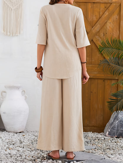 Women'S Large Size Elegant Wide Leg Pants Short Sleeve Top Set with Fake Buttons, YUKIWI
