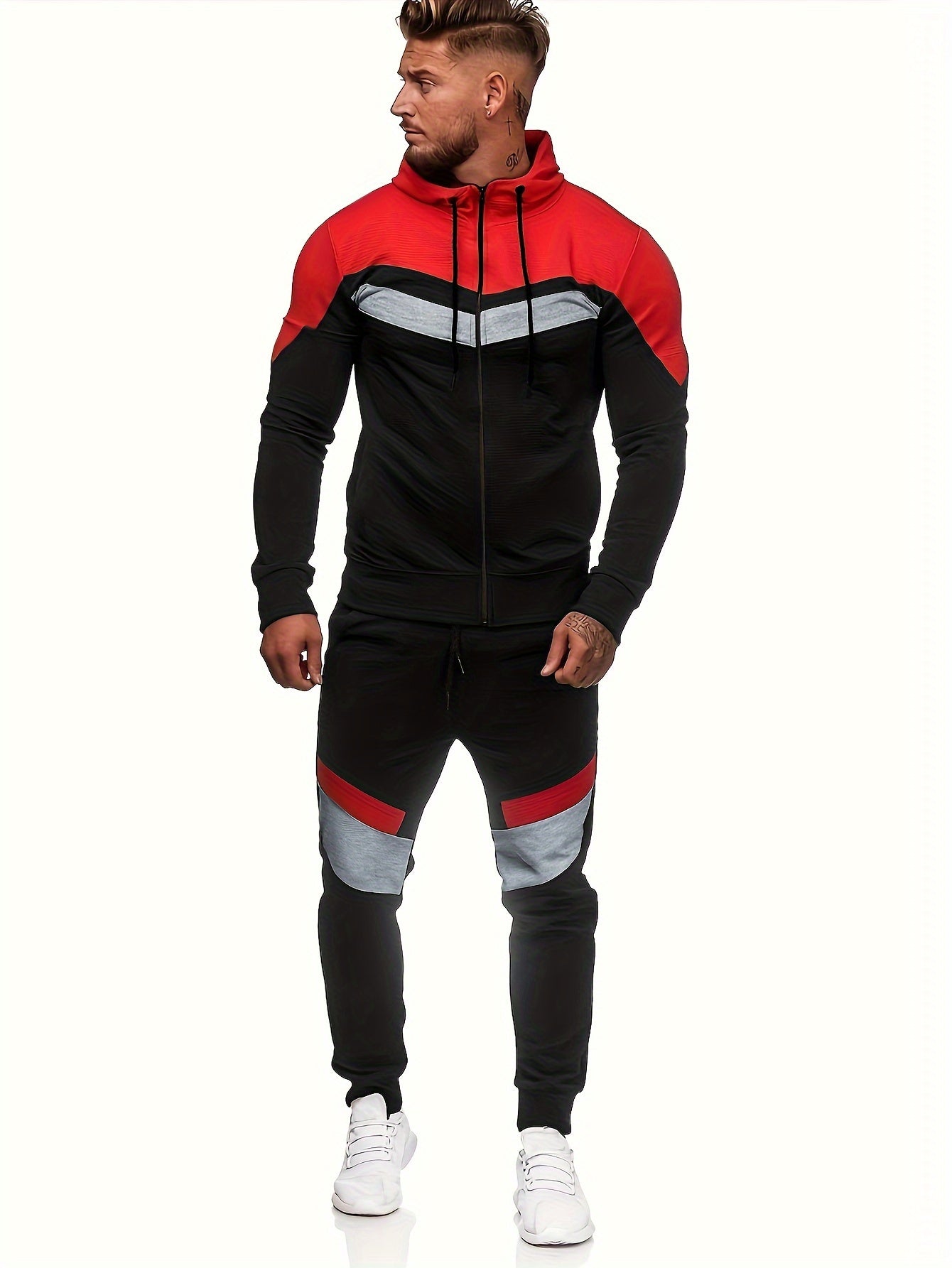 Men'S Autumn and Winter Fleece Sweatshirt Set with Hooded Drawstring Patchwork Sweatpants Casual Sporty Style Long Sleeve Jacket