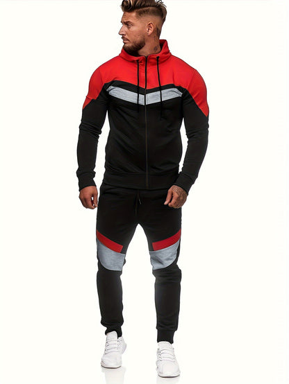Men'S Autumn and Winter Fleece Sweatshirt Set with Hooded Drawstring Patchwork Sweatpants Casual Sporty Style Long Sleeve Jacket