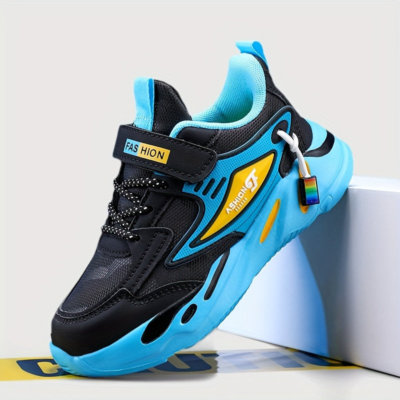 Boys' Sports Casual Running Shoes, Microfiber Synthetic Leather Hook and Loop Fastener, Round Toe Lightweight Cross-Trainer, Fabric Insole, EVA Sole, Striped Fashion Sneakers for All-Season Activities