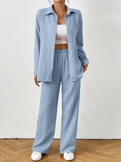 2pcs Women Spring & Autumn Casual Solid Color Long Sleeve Shirt And Pants Set