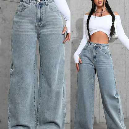 Women's Fashion Wide Leg Jeans, Casual High-Waisted Denim Pants with Pockets, All-Season Solid Color, Comfortable Slimming Design, 54.10% 35.10% Polyester 9.50% Viscose 1.30% Elastane