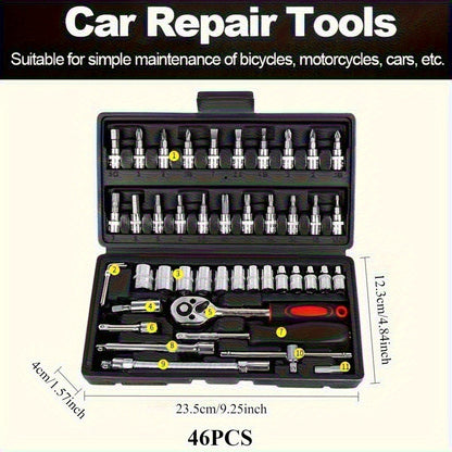 Mechanical Tool Set, Multifunctional Car Repair Toolbox, Suitable for Cars, Bicycles, Motorcycles and 1/2" 3/8" SAE & Metric Sizes Universal Wrench Kit Including Tooth Ratchet Wrenches, Household, Garage, Bicycle Trunk Specia