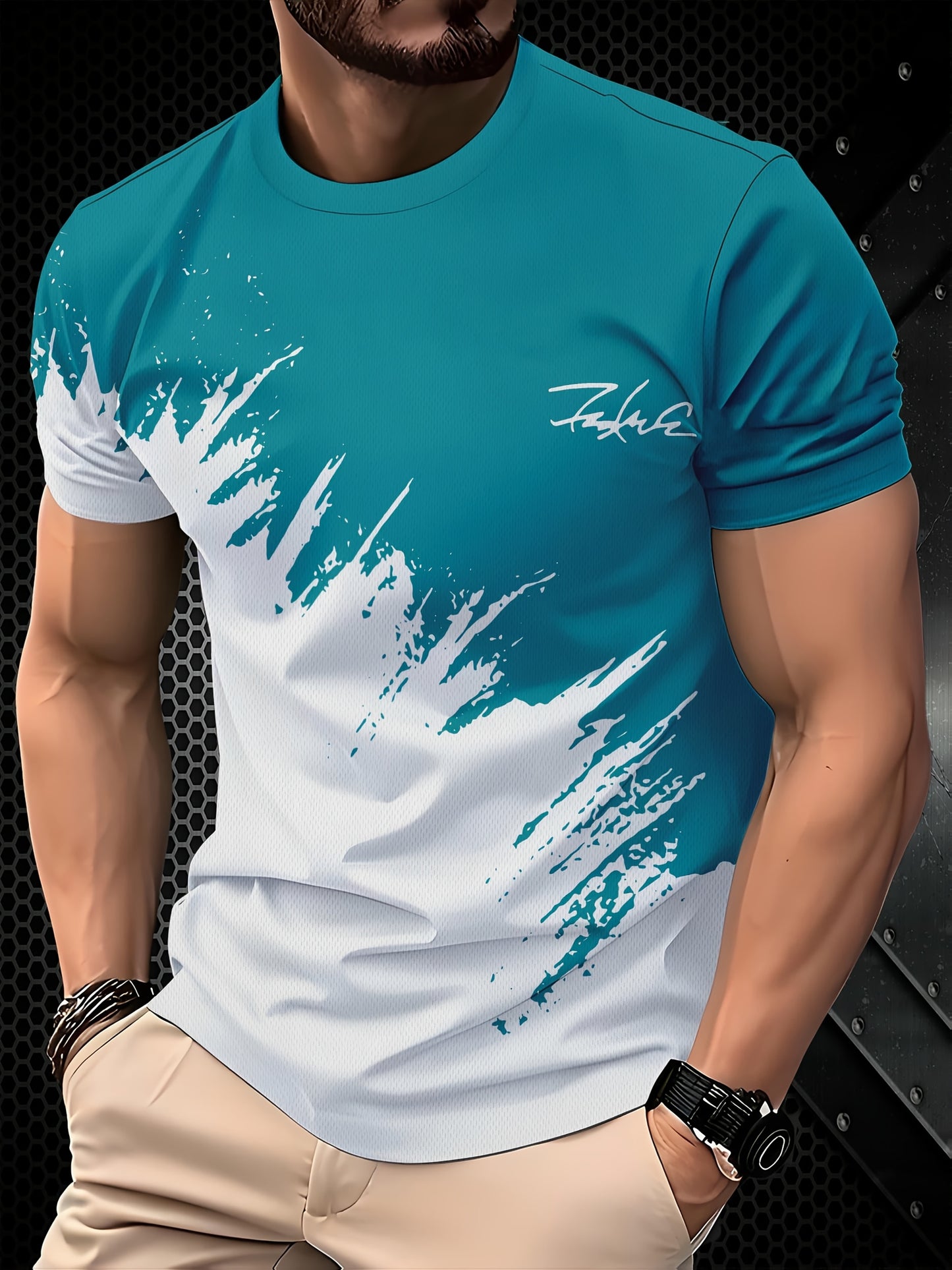 Տղամարդկանց 3D Print Color Block T-shirt - պատահական կարճաթև, ամառային հագուստ բացօթյա, ձգվող պոլիեսթեր խառնուրդ, լվացվող մեքենայում