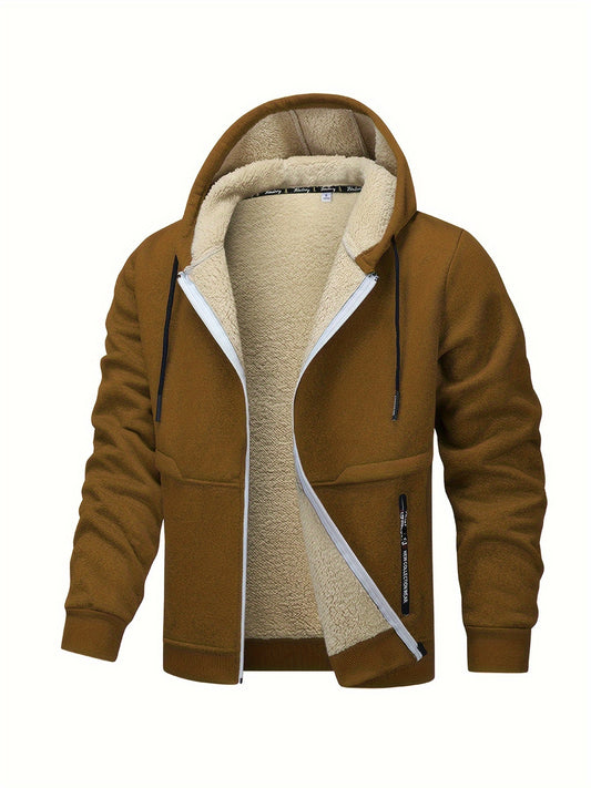 1pc Men'S Casual Style Hooded Jacket, Thick Fleece Lined, Warm Autumn/Winter Fashion, Solid Color, Polyester Knit with Pockets, Regular Fit