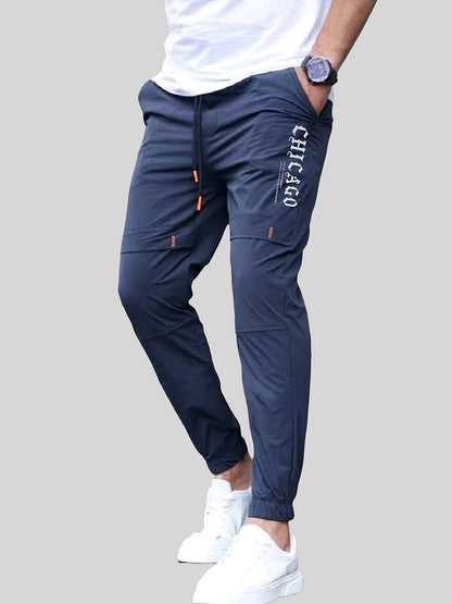 Men'S Casual Drawstring Joggers, 100% Polyester Non-Stretch Woven Fabric, All-Season Regular Fit Trousers with Alphabet Print Detail, Fashionable Workwear Style
