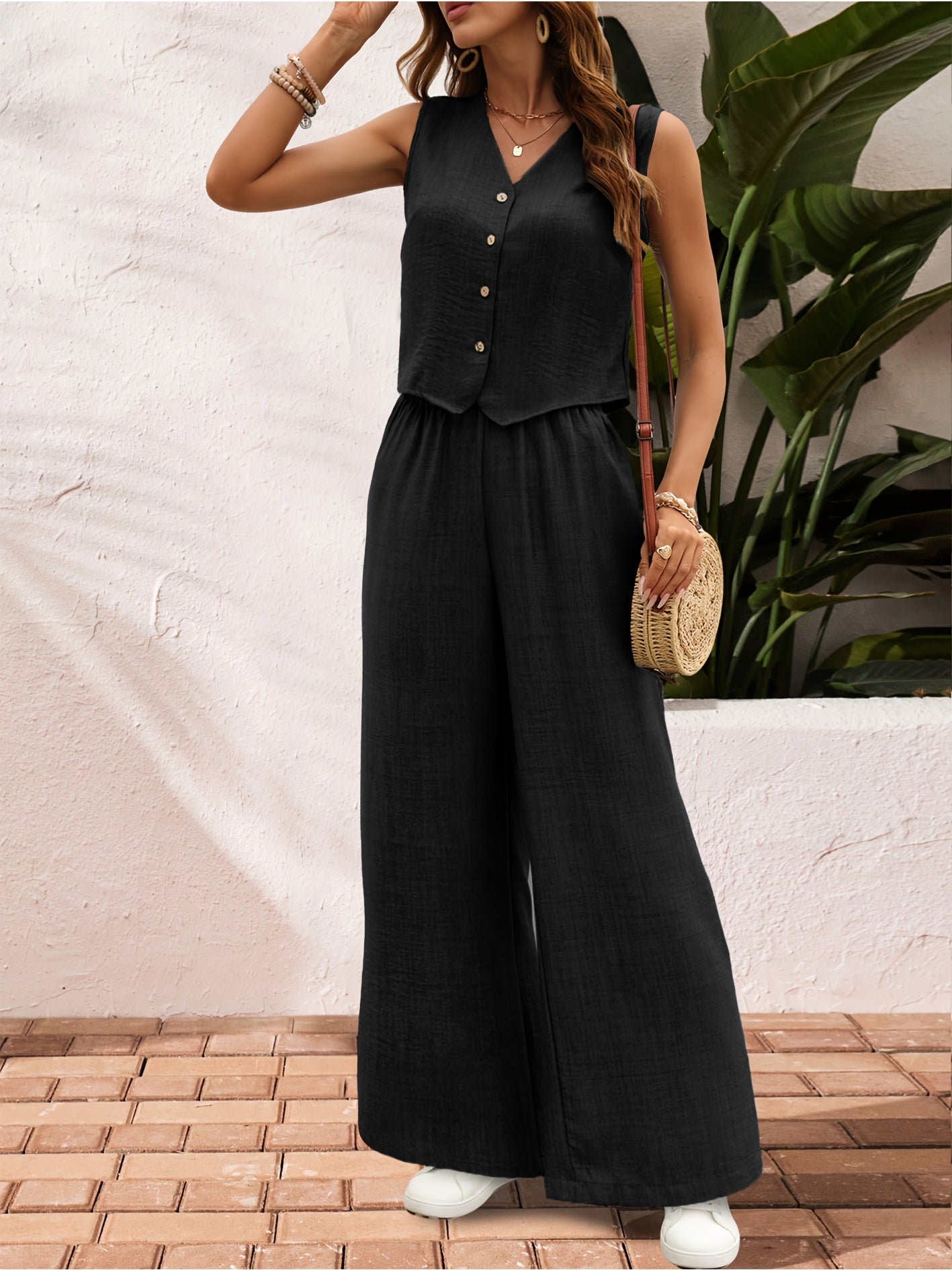 Women'S Elegant Solid Color Sleeveless V-Neck Two-Piece Set - Casual Summer Jumpsuit with Button Placket, Wide Leg Pants, and Beige Wedge Sandals, Casual Attire|Vneck Jumpsuit|Elegant Jumpsuit