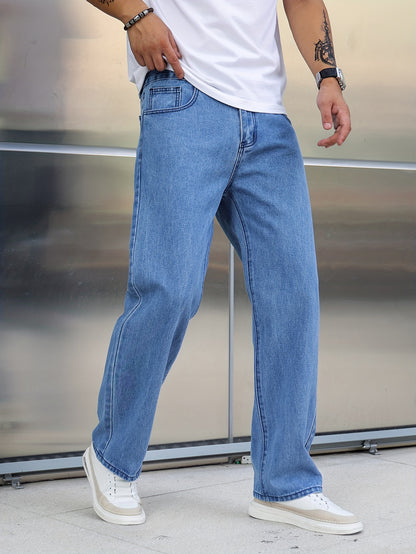 Loose Cotton Blend Men's Solid Wide Leg Pants, Men's Casual Denim Pants, All Seasons