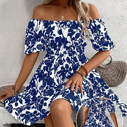 Leaves Print Off Shoulder Aline Dress, Vacation Style Short Sleeve Swing Dress For Spring & Summer, Women's Clothing