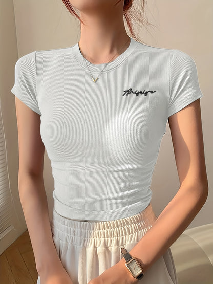 Women's Summer Slim Fit Short Sleeve T-Shirt - High Elasticity Breathable Fabric with Black Letter Embroidery, Versatile Casual & Office Wear, Elegant Collection, Cute Short Sleeve Tops, Everyday Comfort Tee, Slim Fit Tee, Sm