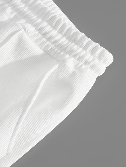 Men's Waffle Round Neck Top with Label, Short Sleeve T-shirt and Drawstring Shorts for Clean and Comfortable Spring/Summer Wear