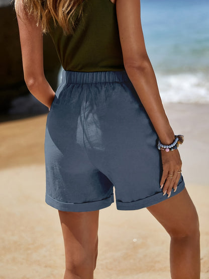 Dual Pockets High Waist Loose Shorts, Casual Elastic Waist Tied Shorts For Spring & Summer, Women's Clothing