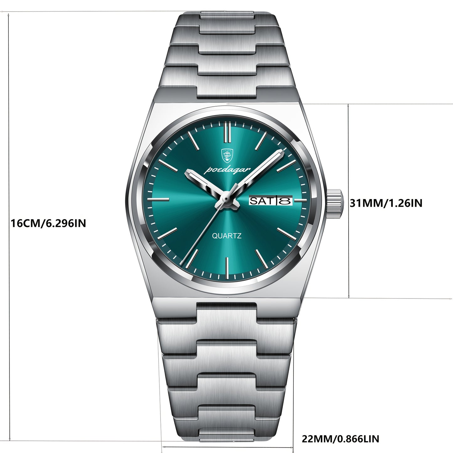 POEDAGAR Women's Elegant Green Luminous Calendar Watch - Waterproof Stainless Steel Ultra-Thin Quartz Wristwatch with Minimalist Design for Casual & Formal Wear, Casual Attire, Korean Fashion, Sleek Metallic Strap