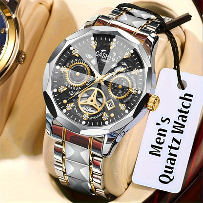 CASHIQI Brand Men'S Steel Strap Quartz Watch with Rhombus Dial, Sparkling Decoration, Calendar, And Luminous Display, IPX7 Waterproof Hollow Quartz Watch for Business, Travel, And Casual Wear - A Perfect Gift Choice.