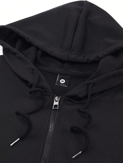 Men's Two-Piece Sportswear Suit: Zipper Hoodie + Sweatpants Set, Spring/Autumn Solid Color Regular Long Sleeve Zipper Hoodie with Drawstring, Threaded Trousers, Casual Sportswear Two-Piece Set