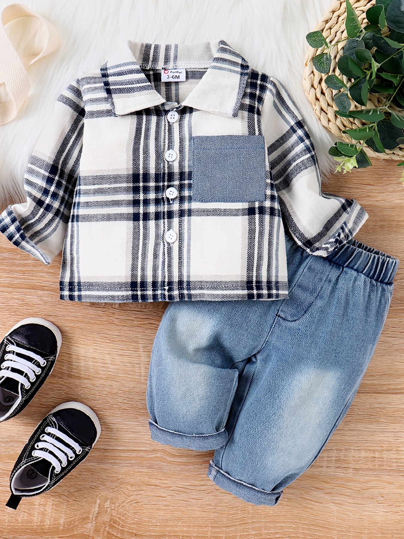 PatPat 2pcs Baby Boy Casual Patch Pocket Plaid Long-sleeve Lapel Collar Shirt and Jeans/Denim Pants Set For Spring & Autumn/Fall