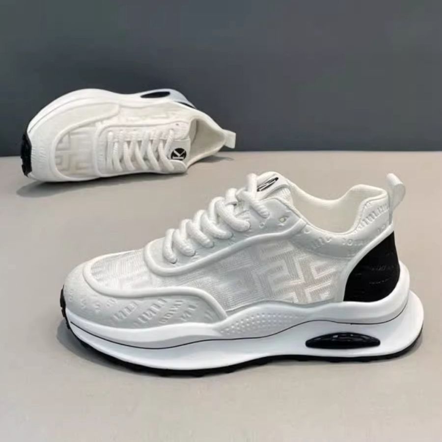 Men's Lightweight Breathable Low-Top Sneakers - PU Upper & PVC Sole, White/Navy/Red Accents, Lace-Up Round Toe for Casual, Outdoor, Running & Gym - All-Season Comfort Shoes, Casual Footwear, Geometric Pattern, Comfortable Fit