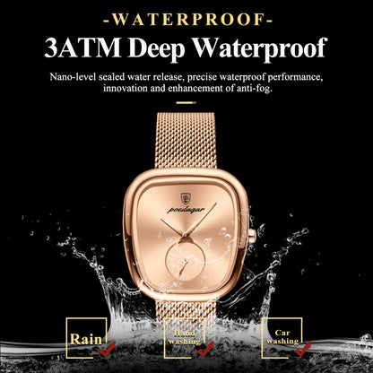 POEDAGAR Elegant Women's Quartz Watch - Waterproof, Stainless Steel Mesh Band, Rose Golden Square Dial, Black Strap, Perfect for Parties & Casual Attire, Stylish Timepiece | Elegant Design | Mesh Strap Watch, Watch Accessorie