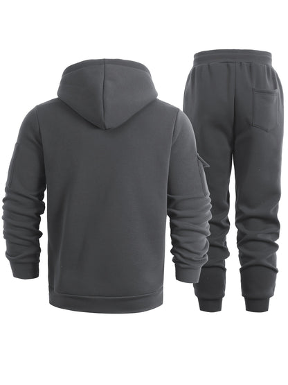 2pcs Men's Solid Color Hooded Long Sleeve Sweatshirt and Jogger Set, Suitable for Spring, Autumn, and Winter Sports Casual Outfit