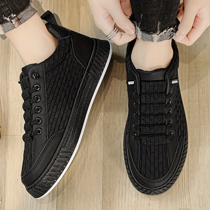 [Urban Appeal] Trendy Solid Color Low Top Sneakers, All-Season Lace-Up Casual Shoes with Faux Upper, Fabric Inner, Rubber Sole, and Comfortable Cloth Insole, Versatile Trainers | Modern Sneakers | Durable Rubber Sole